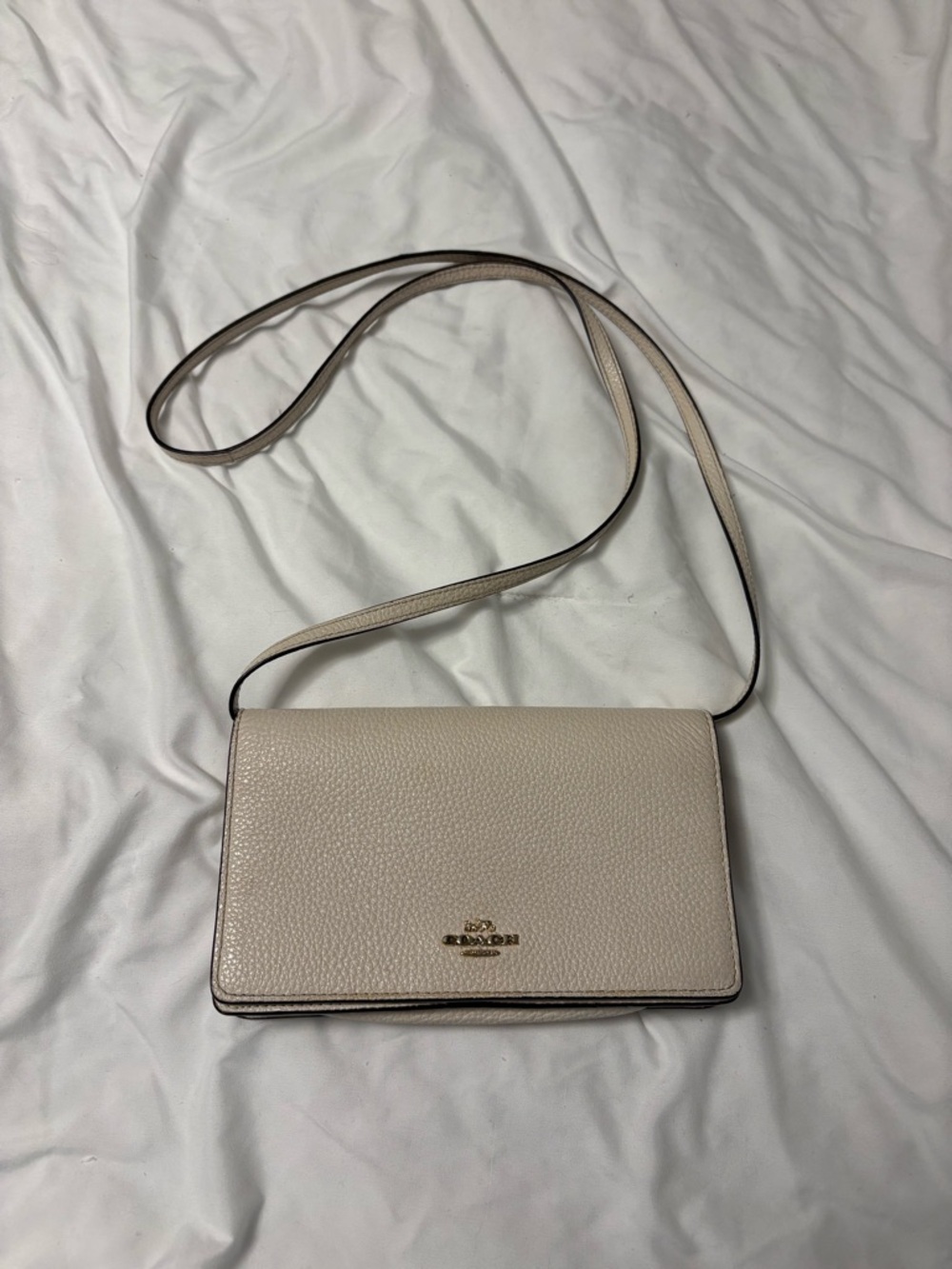 Coach Pebbled Leather Crossbody in Light Cream with Gold Logo